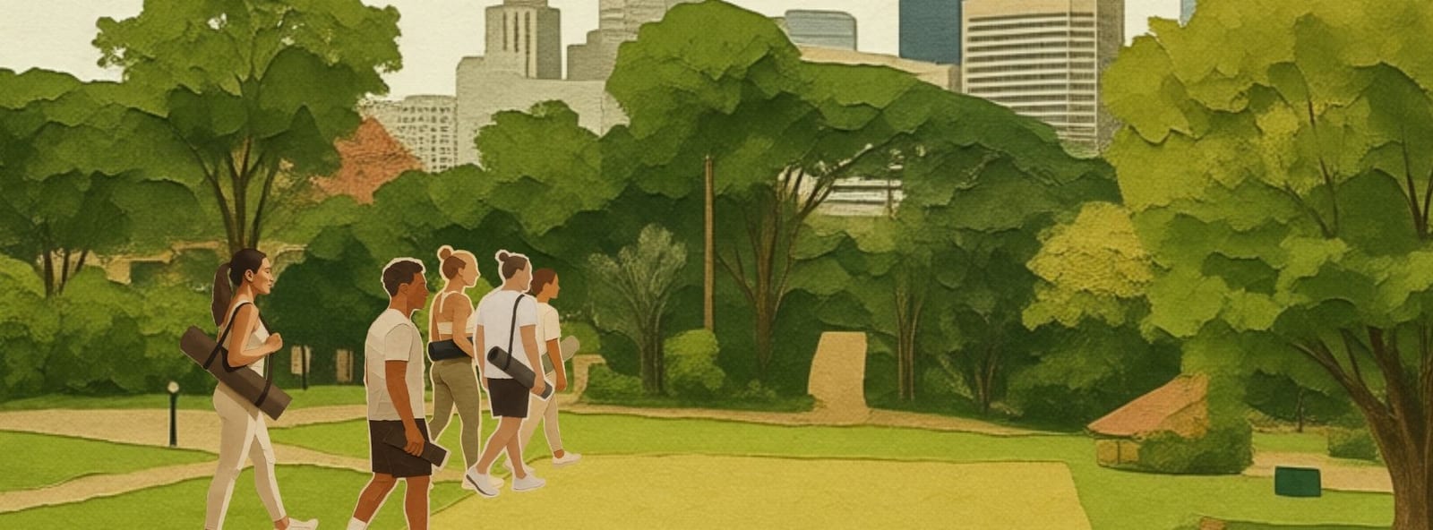 An illustration of Yoga Club members walking through Merthyr Park carrying their mats, with the Brisbane skyline behind the trees.